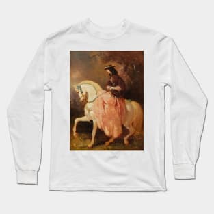 Amazone au petit canotier, veste rouge, jupe rose, une cravache sur un cheval gris aux rubans bleus by Alfred de Dreux Long Sleeve T-Shirt